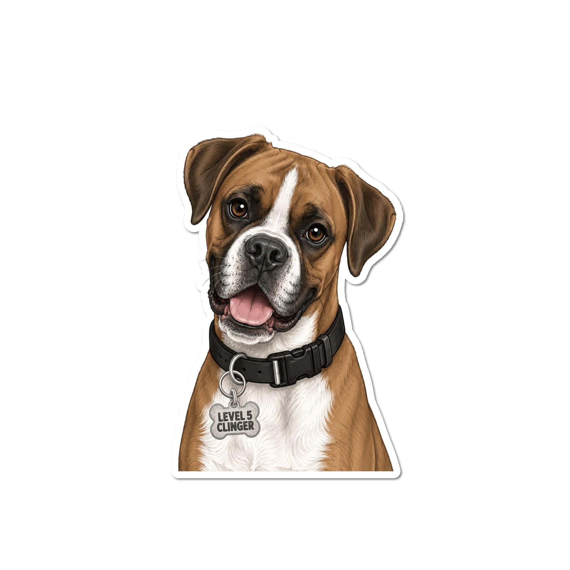Funny Boxer dog sticker showing an illustrated brown-and-white Boxer wearing a black collar with a bone-shaped Level 5 Clinger identification tag