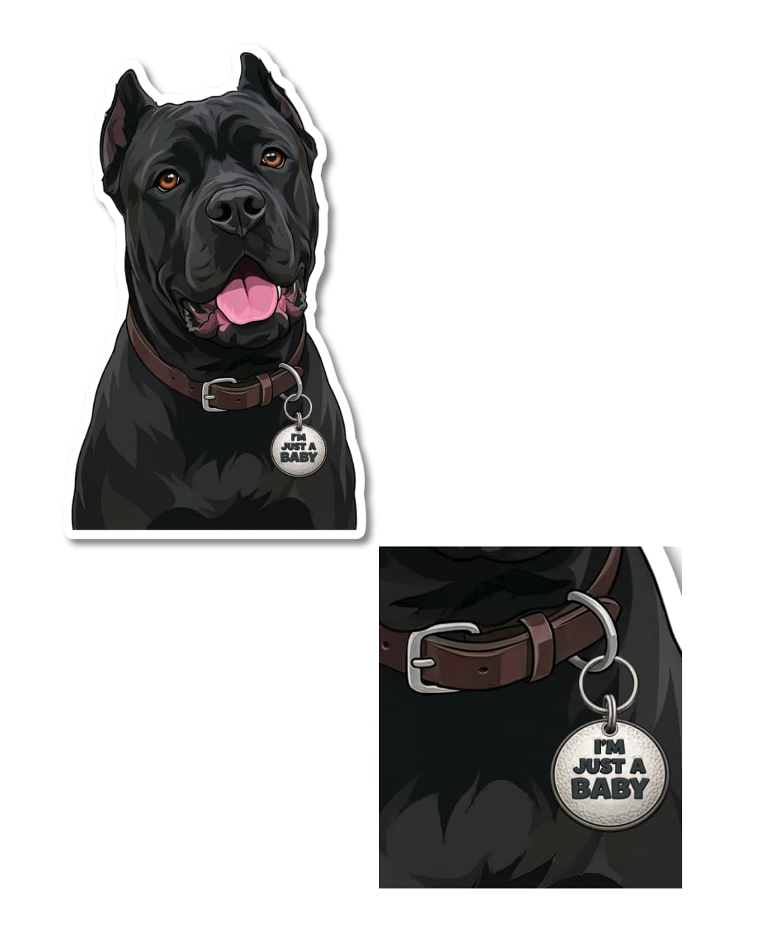 funny cane corso sticker close up of i’m just a baby dog tag on black cane corso matte vinyl decal