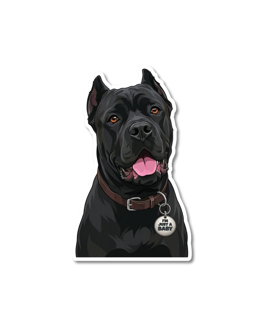 funny cane corso sticker black cane corso with happy expression wearing i’m just a baby tag matte vinyl decal
