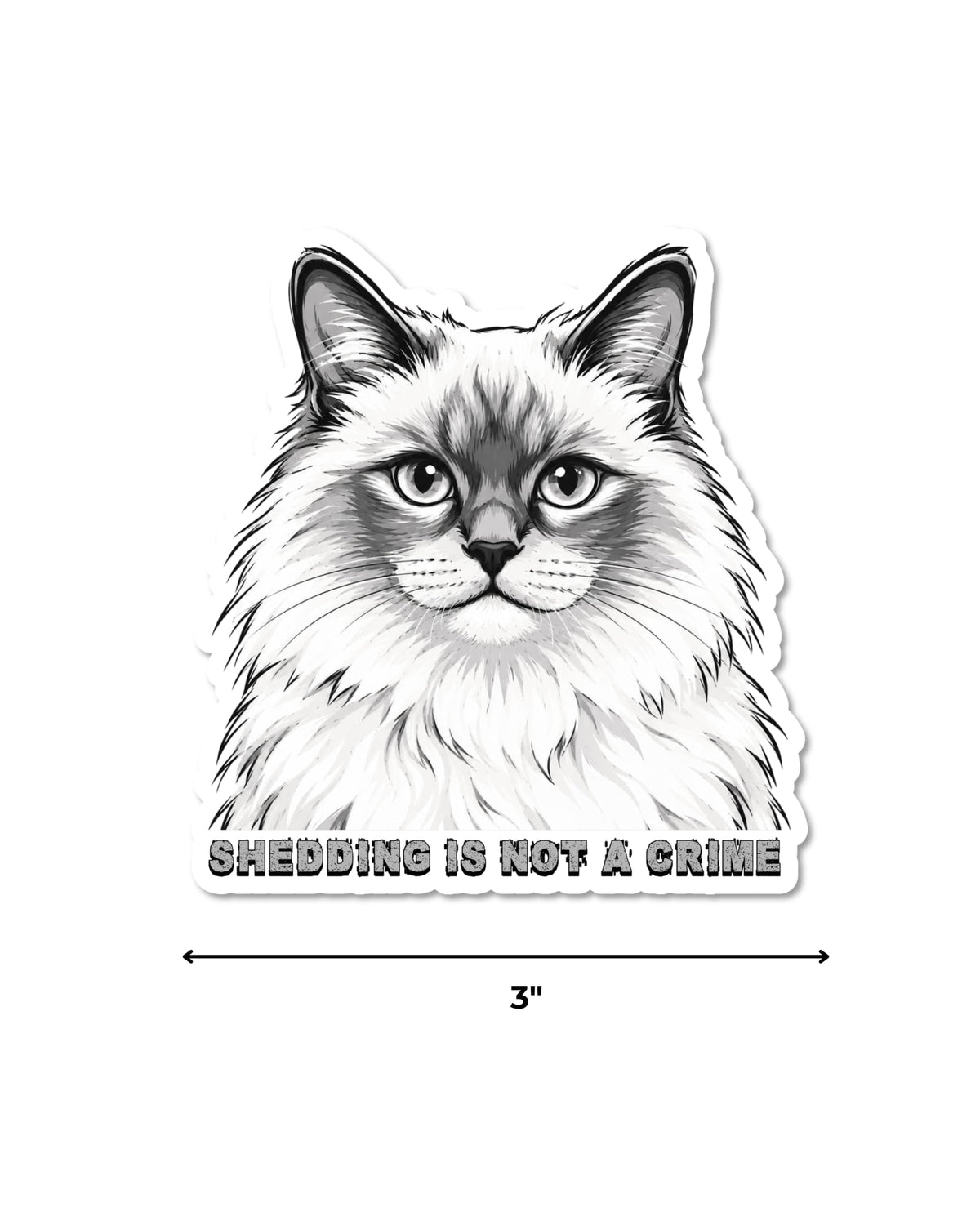 Funny cat shedding sticker size guide showing the black and white fluffy cat sticker measures 3 inches wide
