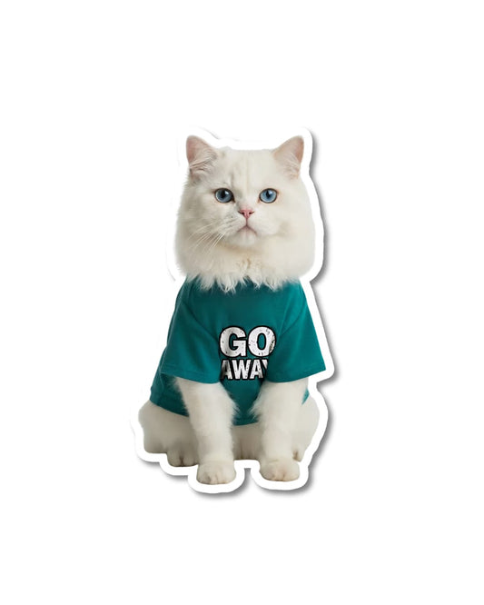 funny cat sticker go away cat attitude humor white cat wearing shirt with go away text