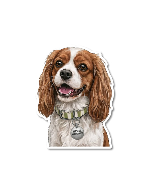 funny cavalier king charles sticker blenheim cavalier king charles spaniel with master manipulator tag matte vinyl decal
