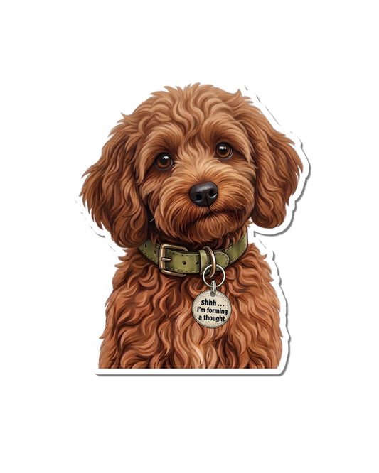  Funny Cavapoo Sticker featuring a curly reddish brown dog with floppy ears, brown eyes and a black nose, wearing an olive green collar with a round silver charm reading “Shhh... I’m forming a thought,” on white.