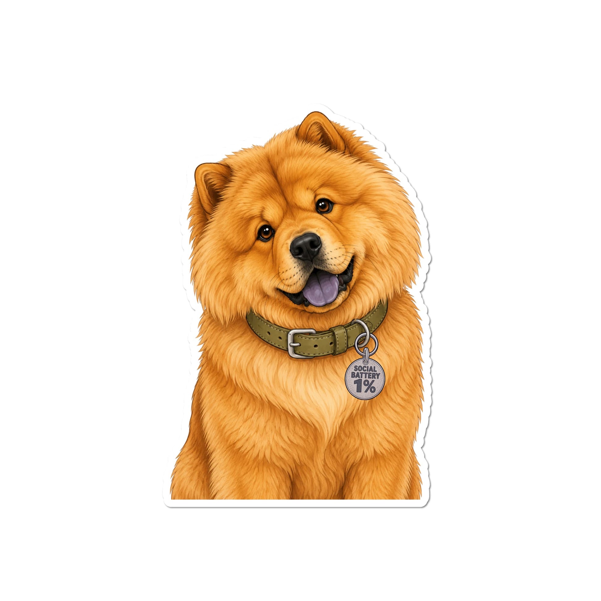 Funny Chow Chow waterproof matte vinyl sticker featuring a fluffy Chow Chow with a Social Battery 1% collar tag on white background.