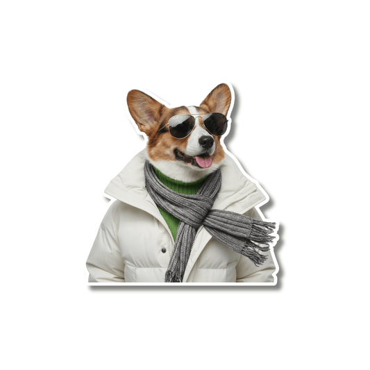 Corgi wearing black aviators, a white puffer jacket, and a grey scarf | funny corgi ski sticker mountain lifestyle vinyl.