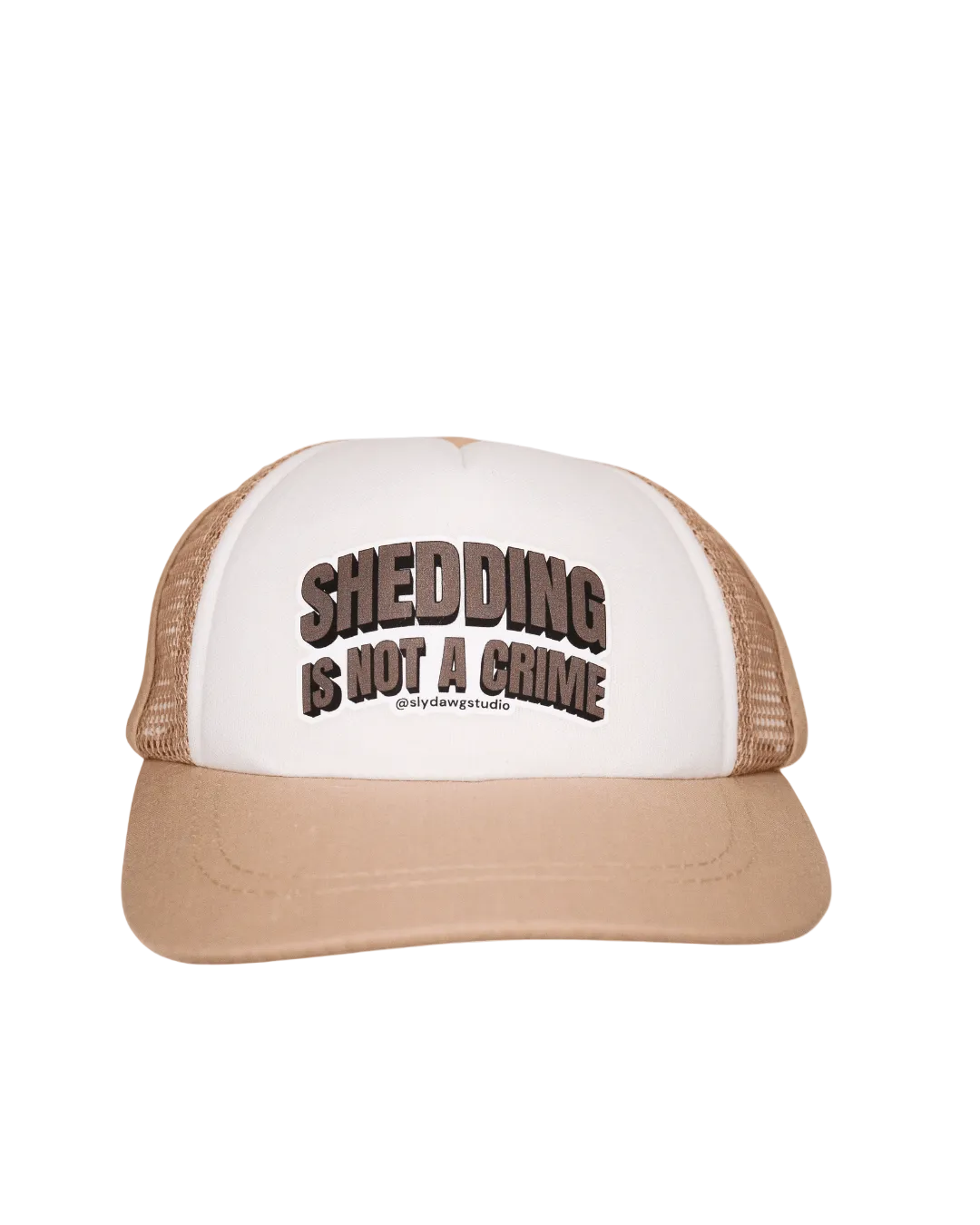 Funny dog hat with saying tan; tan and white Shedding is Not a Crime