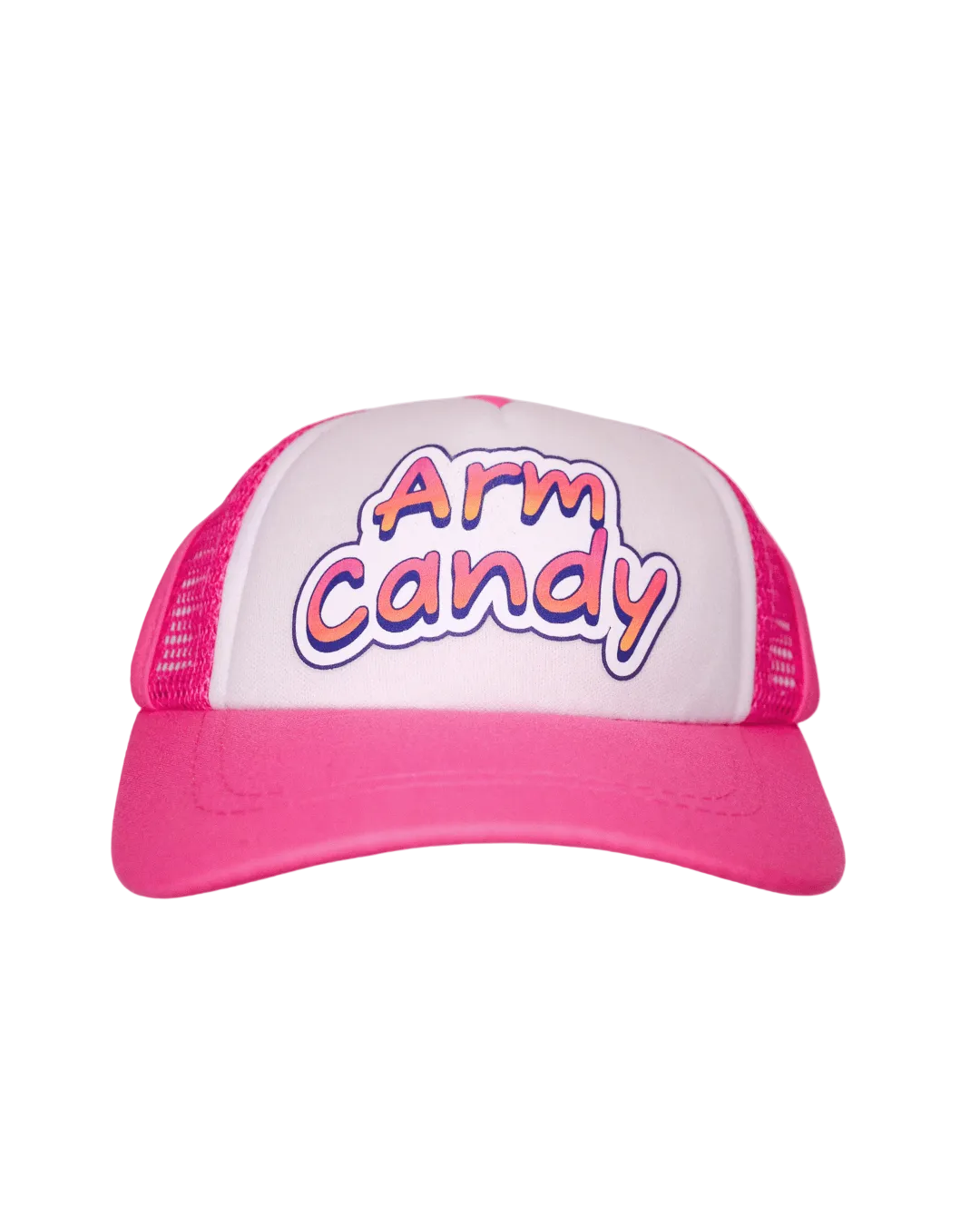 Funny dog trucker hat; pink and white cap with 'Arm Candy' text on a white background