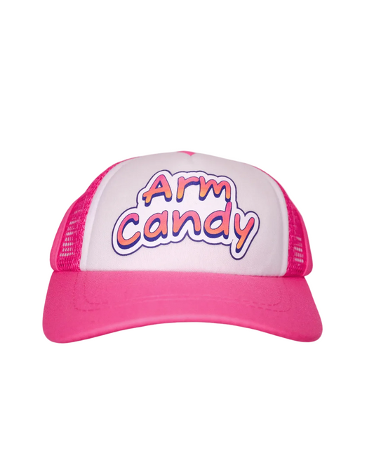 Funny dog trucker hat; pink and white cap with 'Arm Candy' text on a white background