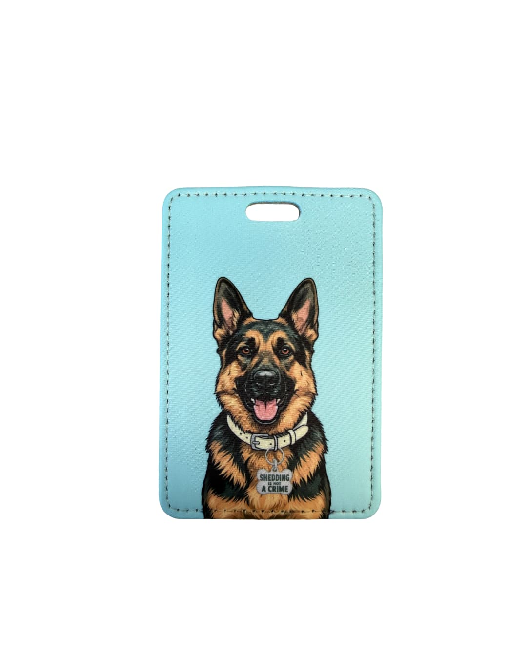 Funny German Shepherd luggage tag; Fun faux leather luggage tag with a wide-eyed grinning German Shepherd illustration wearing a Problem Child collar charm, light blue and white background, white surface.
