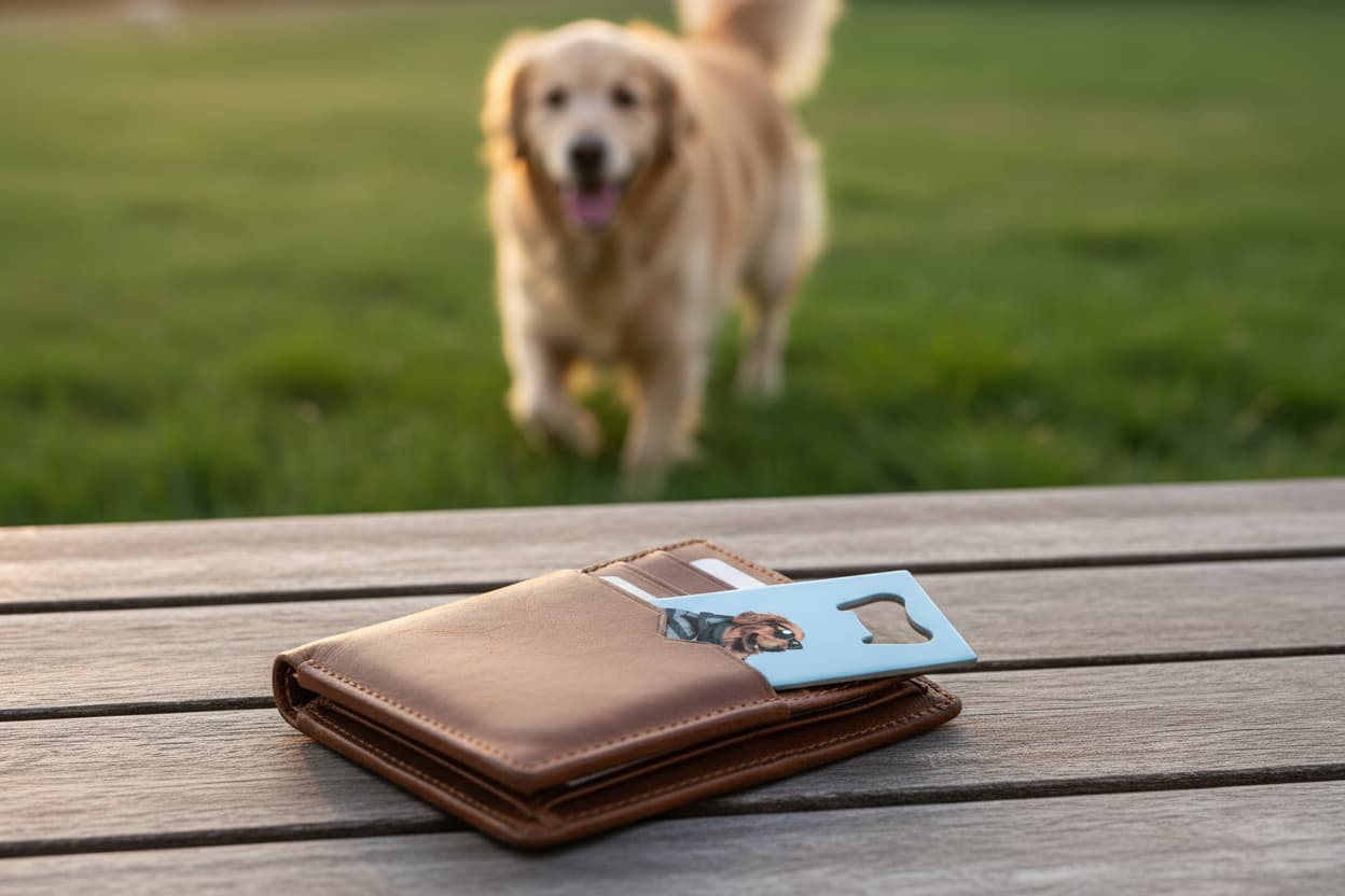 Brown leather wallet with funny golden retriever bottle opener in it on a wooden surface, dog in the background. Dog in background on grass.