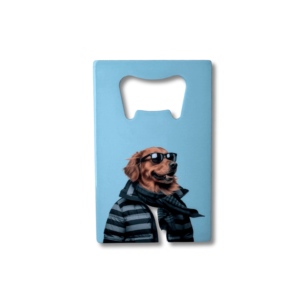 Funny golden retriever bottle opener; light blue background, dog wearing sunglasses, scarf and puffer jacket