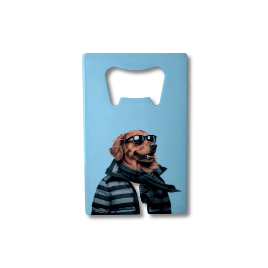 Funny golden retriever bottle opener; light blue background, dog wearing sunglasses, scarf and puffer jacket