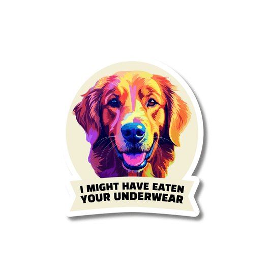 Colorful golden retriever sticker with humorous text on a white background