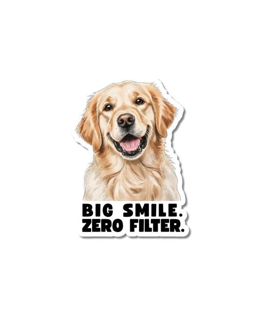 This funny Golden Retriever water bottle sticker. Illustrated blonde golden with text at bottom: "Big Smile. Zero Filter."