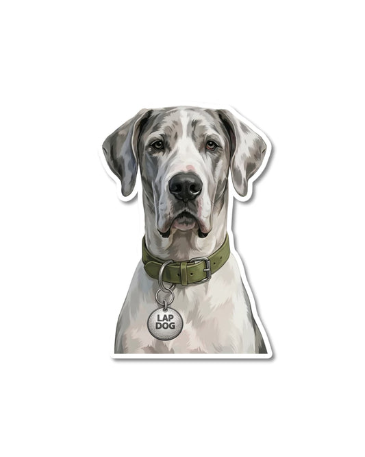 funny great dane sticker harlequin great dane with green collar wearing lap dog tag matte vinyl decal
