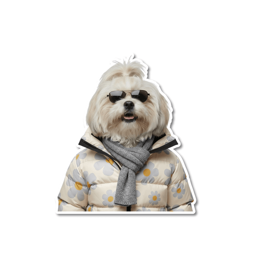 Funny Havanese sticker; fluffy white dog wearing sunglasses, a gray scarf, and a floral puffer jacket, on a white background