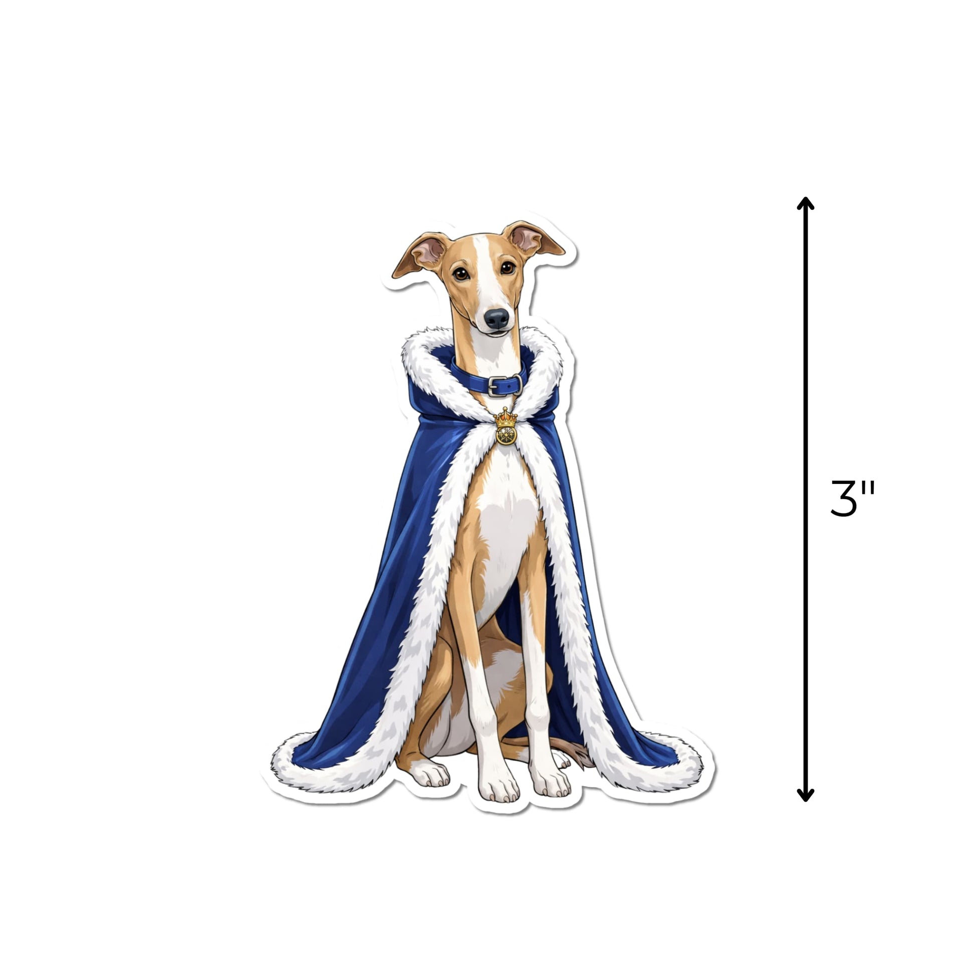 Funny Italian Greyhound sticker with a vertical arrow showing the waterproof kiss-cut decal measures 3 inches tall.