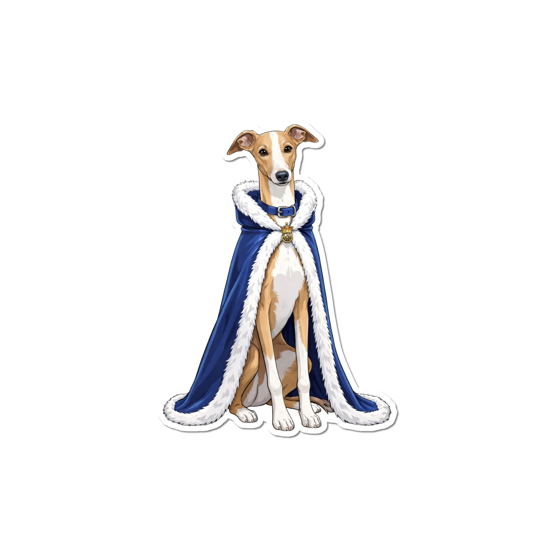 Funny Italian Greyhound sticker featuring a tan and white Italian Greyhound sitting in a blue white-fur-trimmed royal cape.