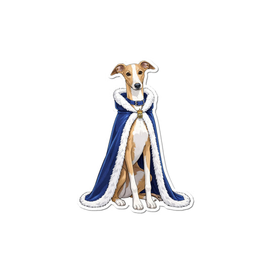 Funny Italian Greyhound sticker featuring a tan and white Italian Greyhound sitting in a blue white-fur-trimmed royal cape.