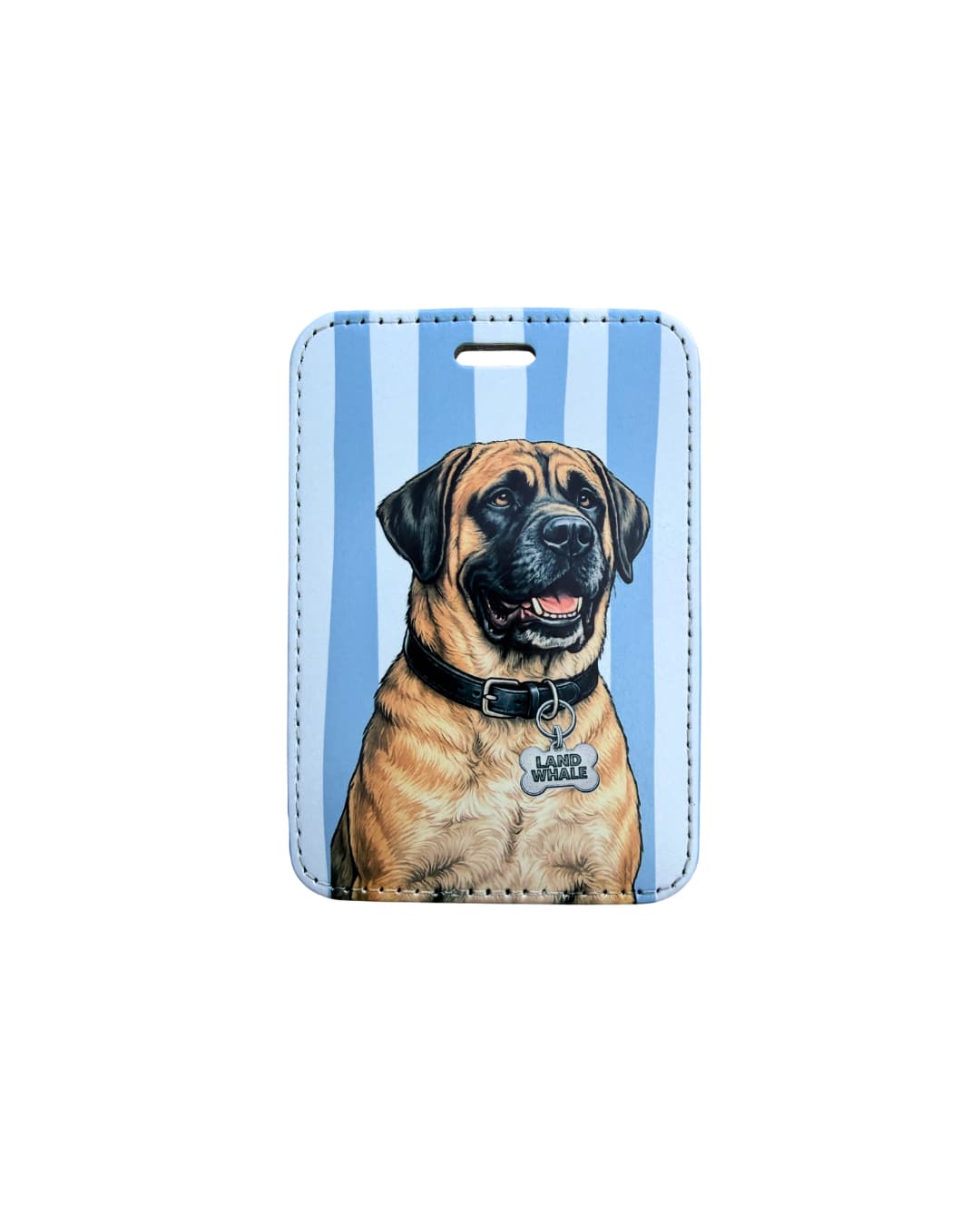 funny mastiff luggage tag flat lay showing English Mastiff with LAND WHALE bone collar tag on light blue and white vertical striped faux leather travel tag