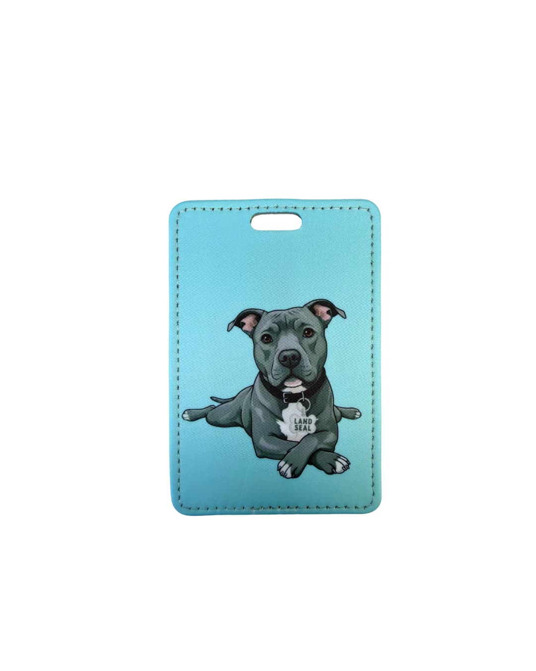 Funny pit bull luggage tag light blue; Fun faux leather luggage tag with a grey pit bull in sploot pose wearing a Land Seal charm, solid light blue-green background, white surface.
