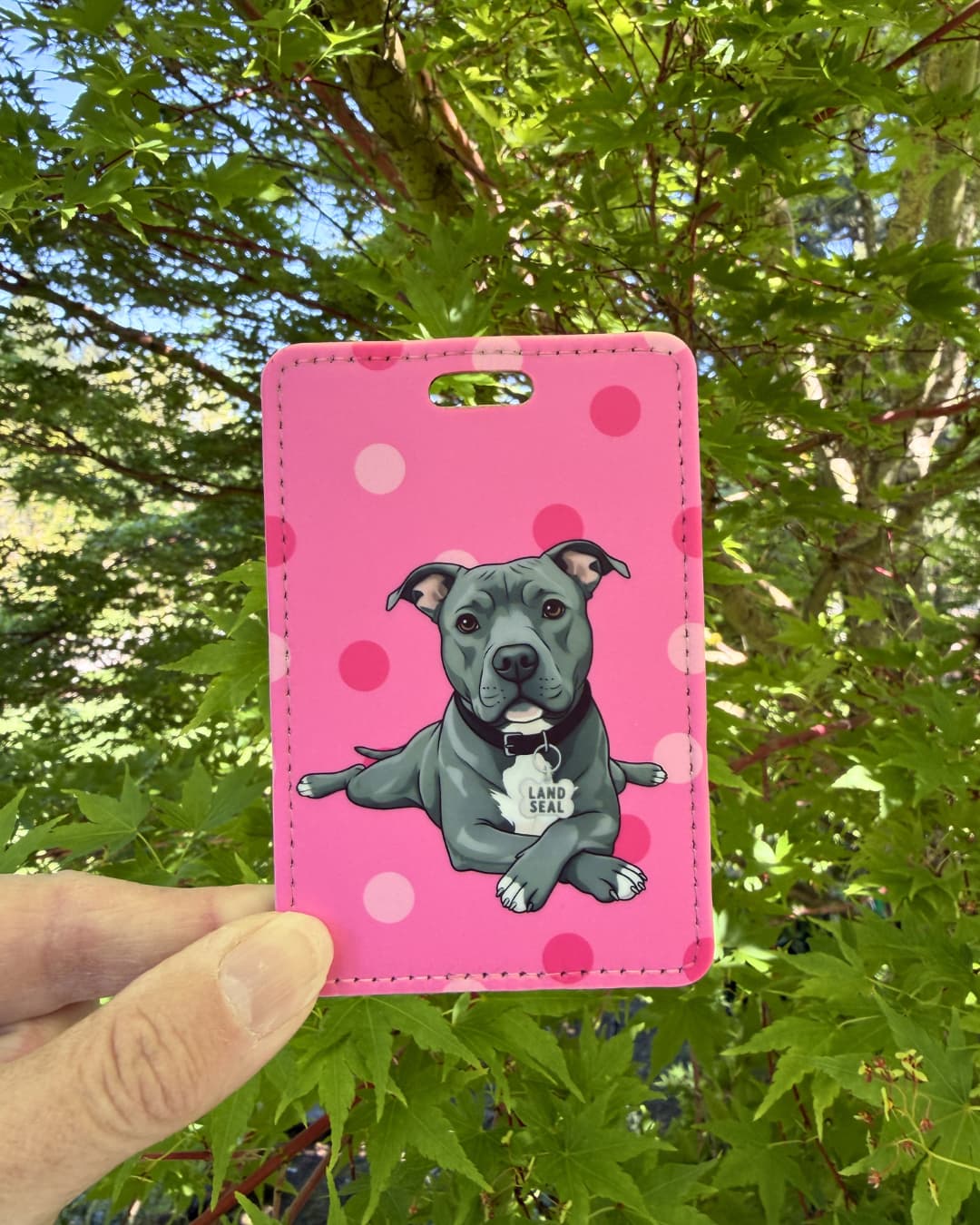 Funny pit bull luggage tag dark pink polka dot lifestyle; Hand holding a fun faux leather luggage tag featuring a grey pit bull in sploot pose with Land Seal charm, dark pink polka dot background, green tree foliage background.