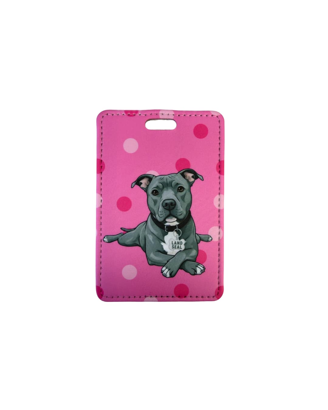 Funny pit bull luggage tag dark pink polka dot; Fun faux leather luggage tag with a grey pit bull in sploot pose wearing a Land Seal charm, dark pink polka dot background, white surface.