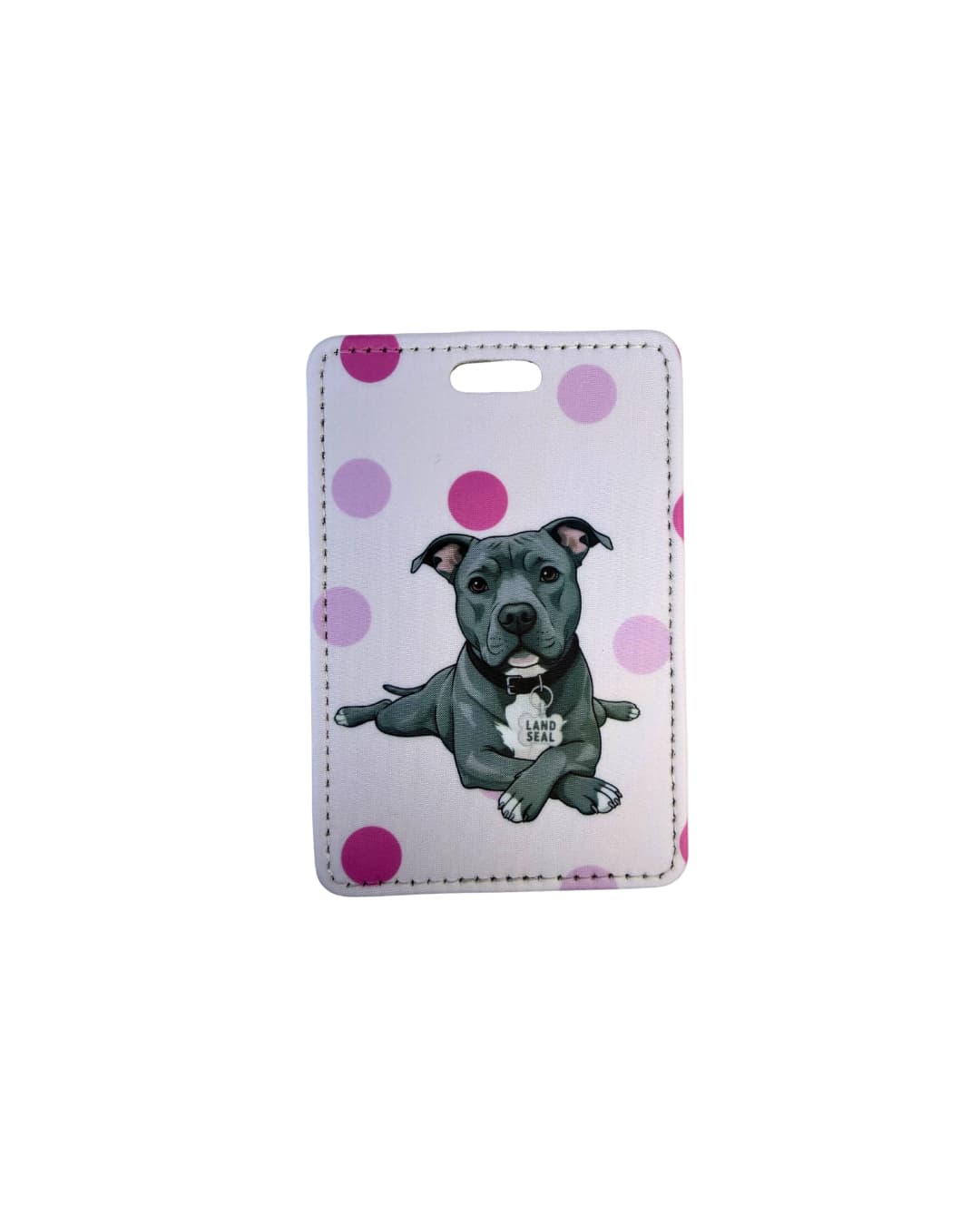 Funny pit bull luggage tag light pink polka dot; Fun faux leather luggage tag with a grey pit bull in sploot pose wearing a Land Seal charm, light pink polka dot background, white surface.