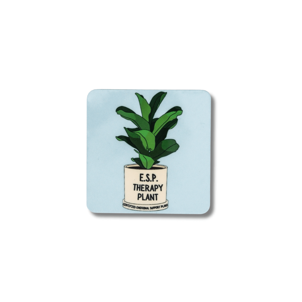 light blue square funny plant therapy magnet with cartoon plant "ESP Therapy Plant; certified emotional support plant"