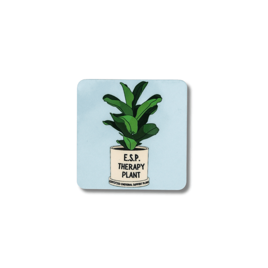 light blue square funny plant therapy magnet with cartoon plant "ESP Therapy Plant; certified emotional support plant"