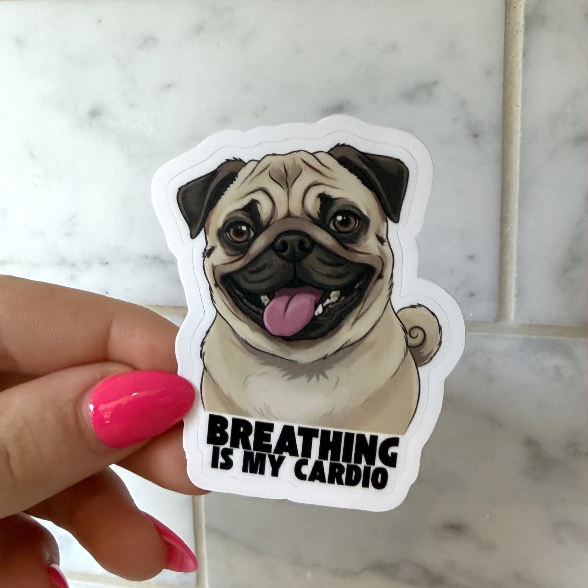 Funny pug water bottle sticker - smiling pug illustration held up showing 2.5 inch kiss-cut size