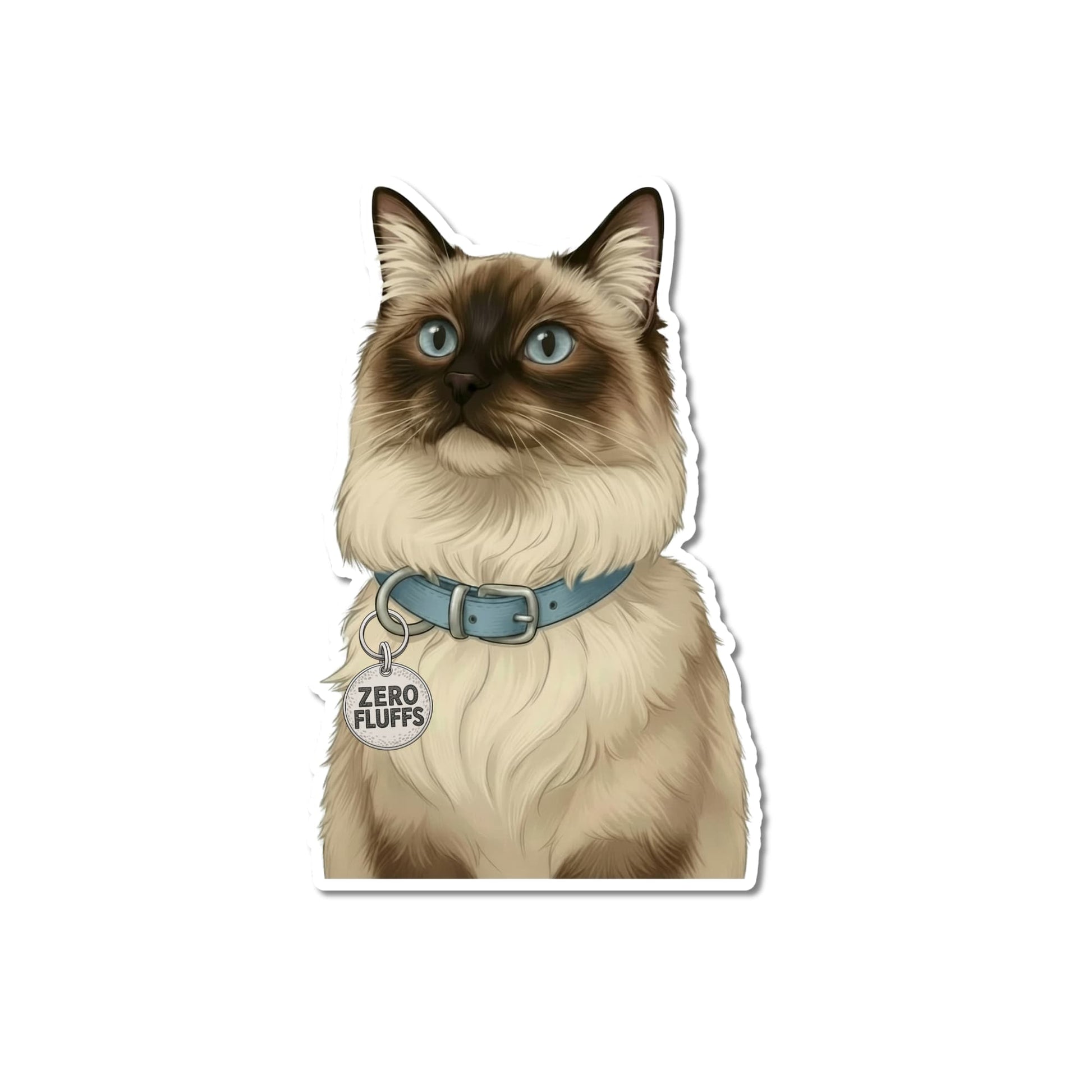 Funny ragdoll cat sticker, kiss-cut matte vinyl, fluffy seal-point Ragdoll with vivid blue eyes, light blue collar and circular Zero Fluffs charm, white contour border.