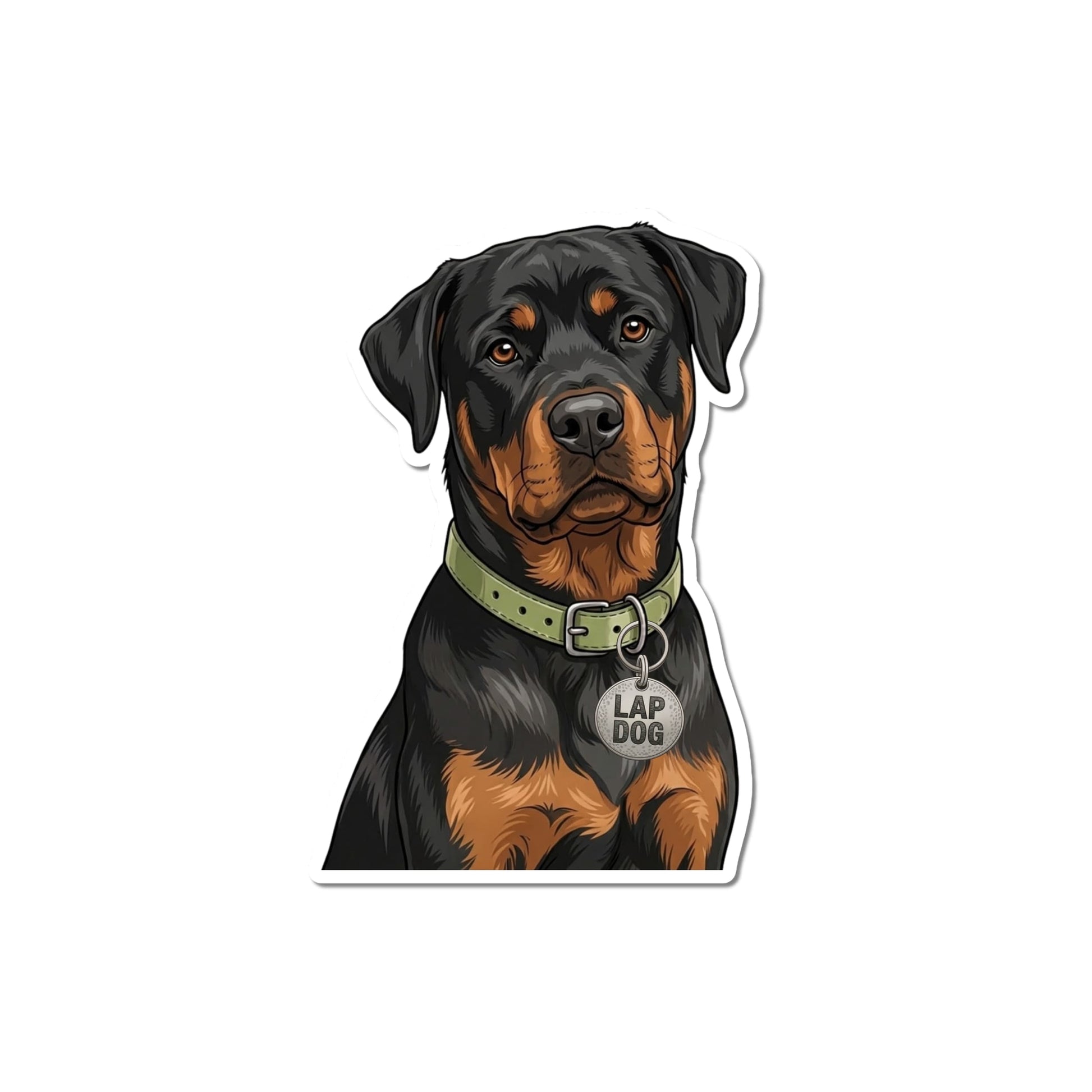 Funny Rottweiler sticker featuring a black-and-tan Rottweiler with an olive green collar and a round silver Lap Dog tag.