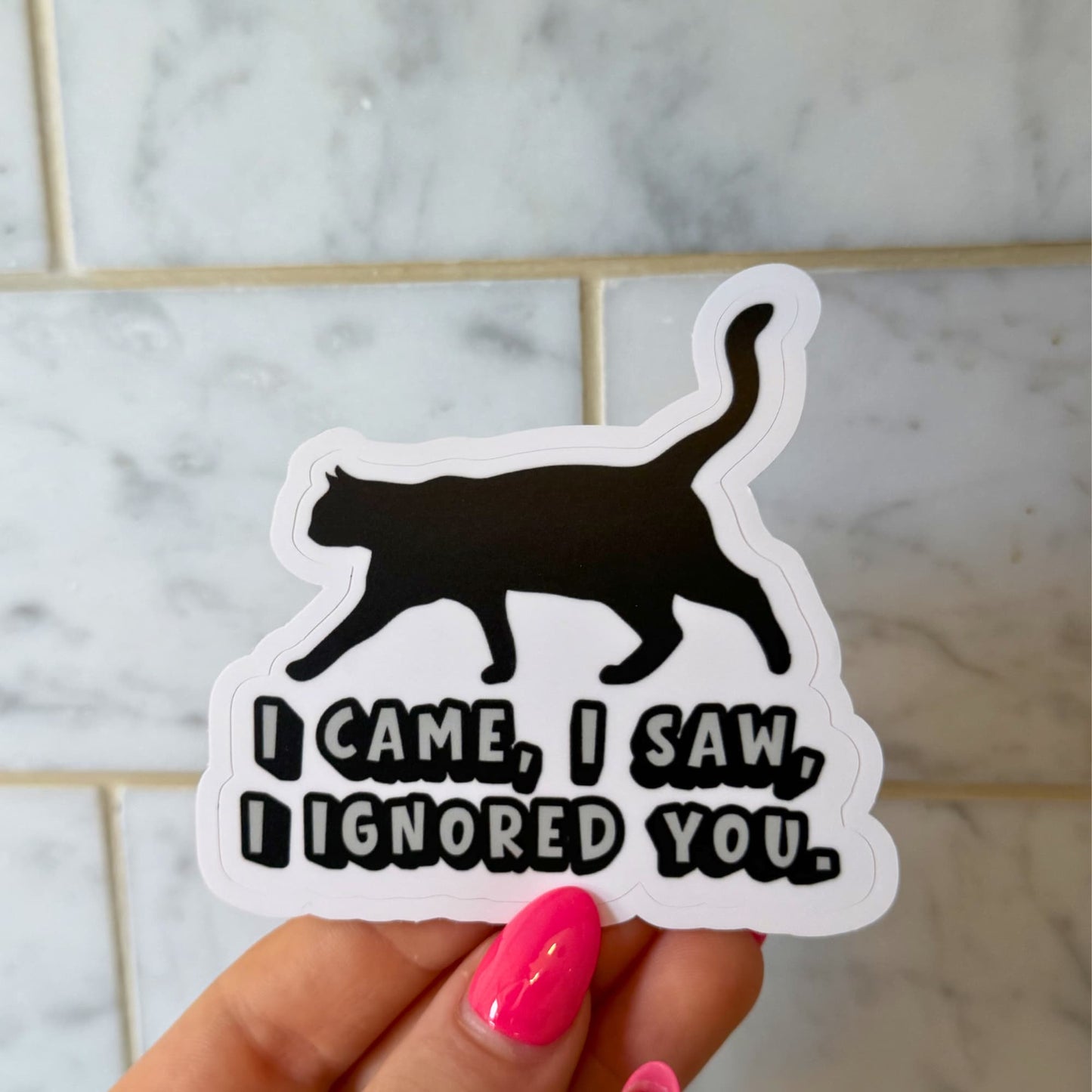 Funny sassy cat sticker for laptop held up showing size - black cat silhouette walking with text I Came I Saw I Ignored You, waterproof kiss-cut matte vinyl decal
