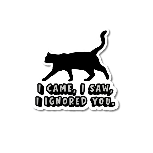 Funny sassy cat sticker for laptop - black cat silhouette walking above bold bubble text reading I Came I Saw I Ignored You on white background