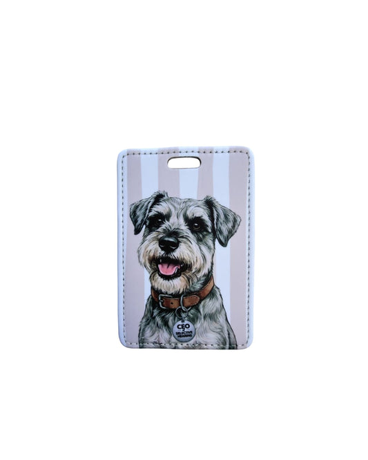Funny schnauzer luggage tag; Fun faux leather luggage tag featuring a salt and pepper Schnauzer with a brown collar and CEO of Selective Hearing charm, vertical tan and white stripes, white background.