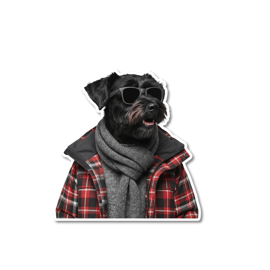 Funny schnauzer sticker; bearded dog illustration with a confident expression, black sunglasses, and red/black plaid coat and gray scarf.