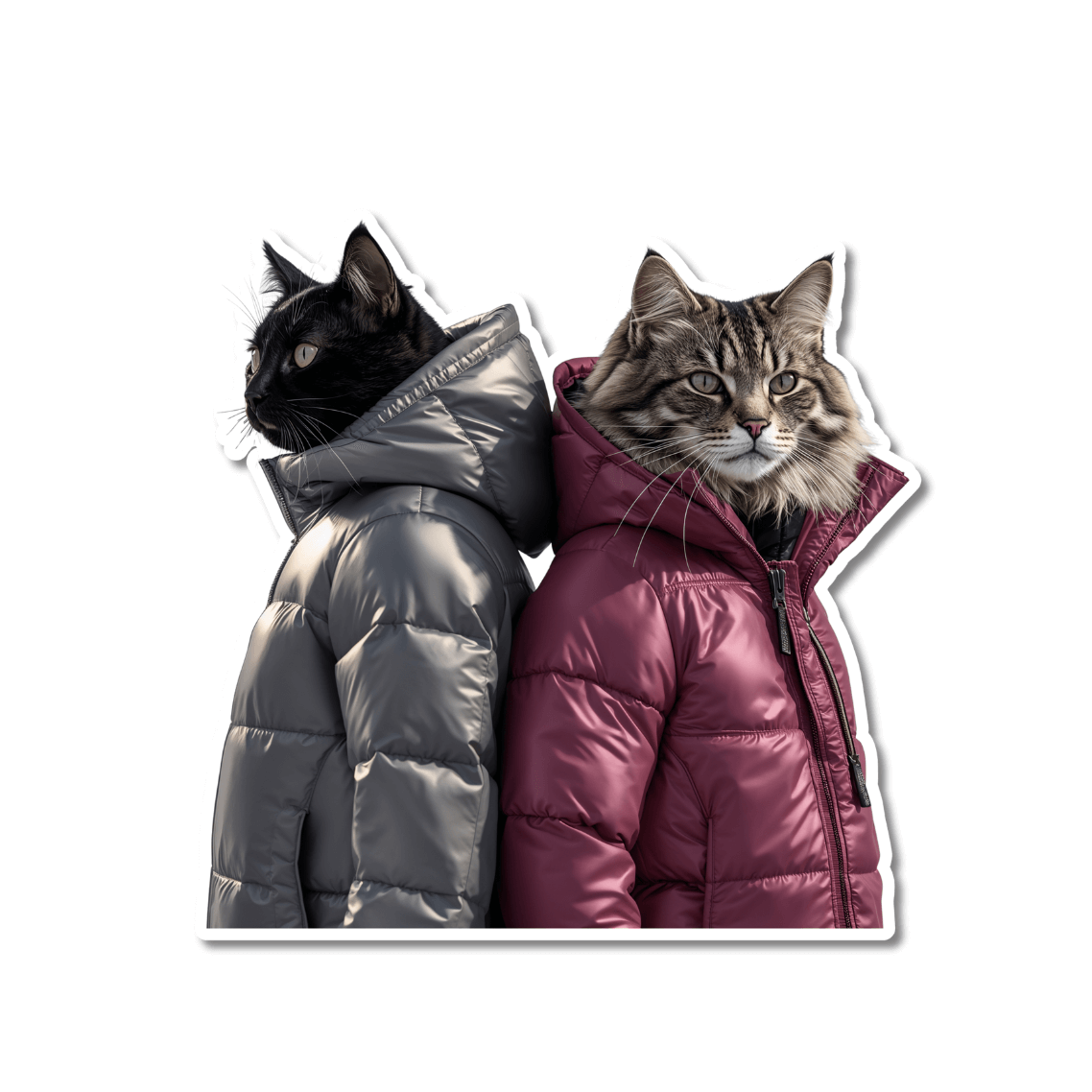 Two cats in grey and maroon puffer jackets with fur hoods, funny skiing cat vinyl sticker.