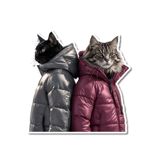 Two cats in grey and maroon puffer jackets with fur hoods, funny skiing cat vinyl sticker.
