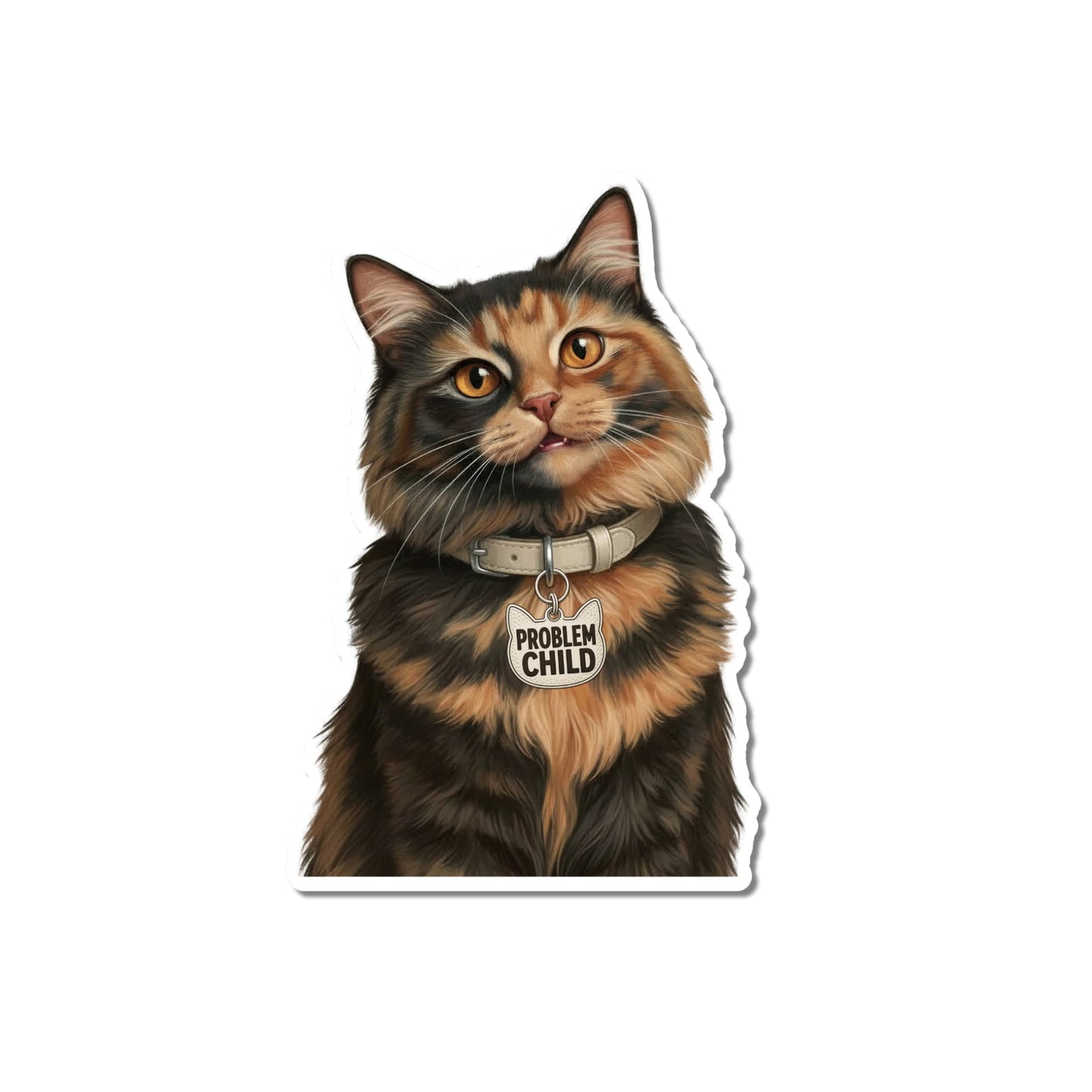 Funny tortie cat sticker, kiss-cut matte vinyl, fluffy tortoiseshell cat with amber eyes, mottled black and orange coat, light beige collar and cat-head-shaped Problem Child charm, white contour border.