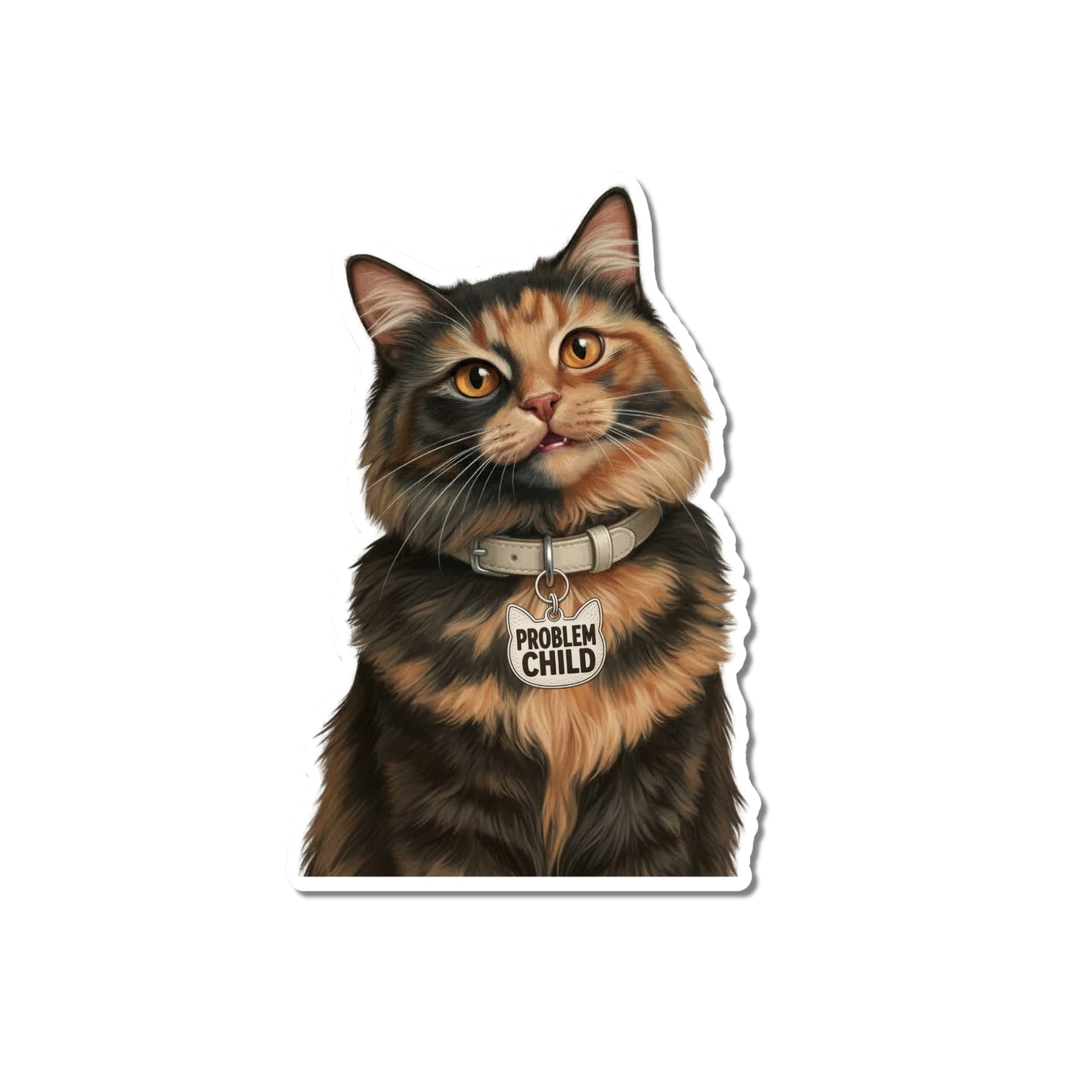Funny tortie cat sticker, kiss-cut matte vinyl, fluffy tortoiseshell cat with amber eyes, mottled black and orange coat, light beige collar and cat-head-shaped Problem Child charm, white contour border.