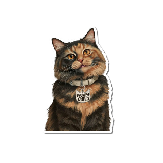 Funny tortie cat sticker, kiss-cut matte vinyl, fluffy tortoiseshell cat with amber eyes, mottled black and orange coat, light beige collar and cat-head-shaped Problem Child charm, white contour border.