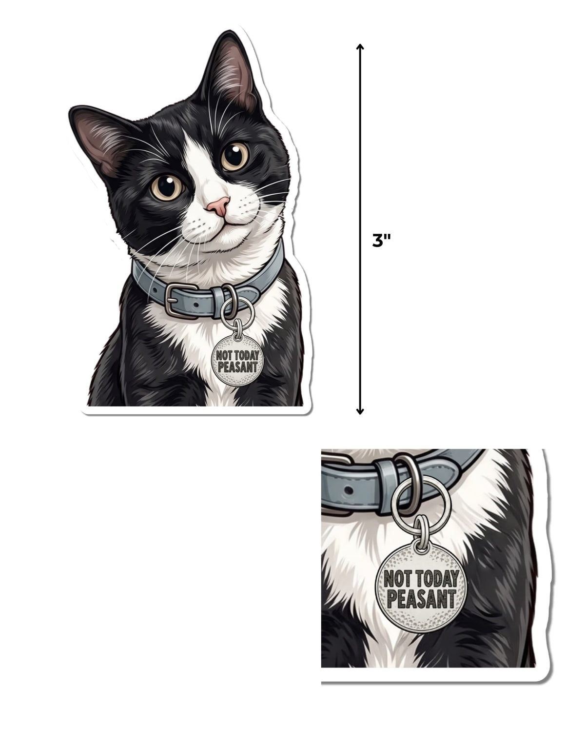 funny tuxedo cat sticker featuring a black and white cat with a blue-gray collar, shown on a white background with a 3-inch height guide and close-up of its silver “NOT TODAY PEASANT”