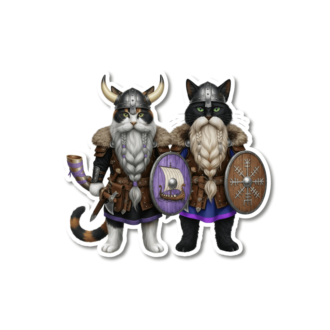 Funny viking cat sticker; two cats dressed as Viking warriors with helmets, braided beards, shields, and battle gear, standing side by side on a white background.
