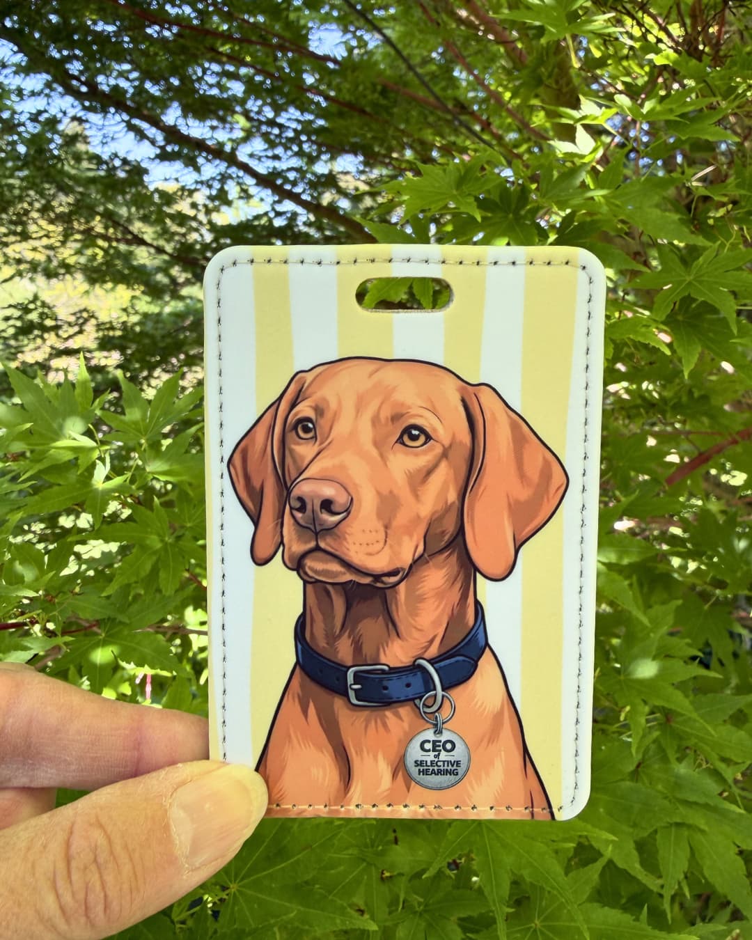 Funny Vizsla luggage tag lifestyle; Hand holding a faux leather luggage tag featuring a stoic Vizsla with a CEO of Selective Hearing funny bone charm, yellow and white stripes, green tree foliage background.