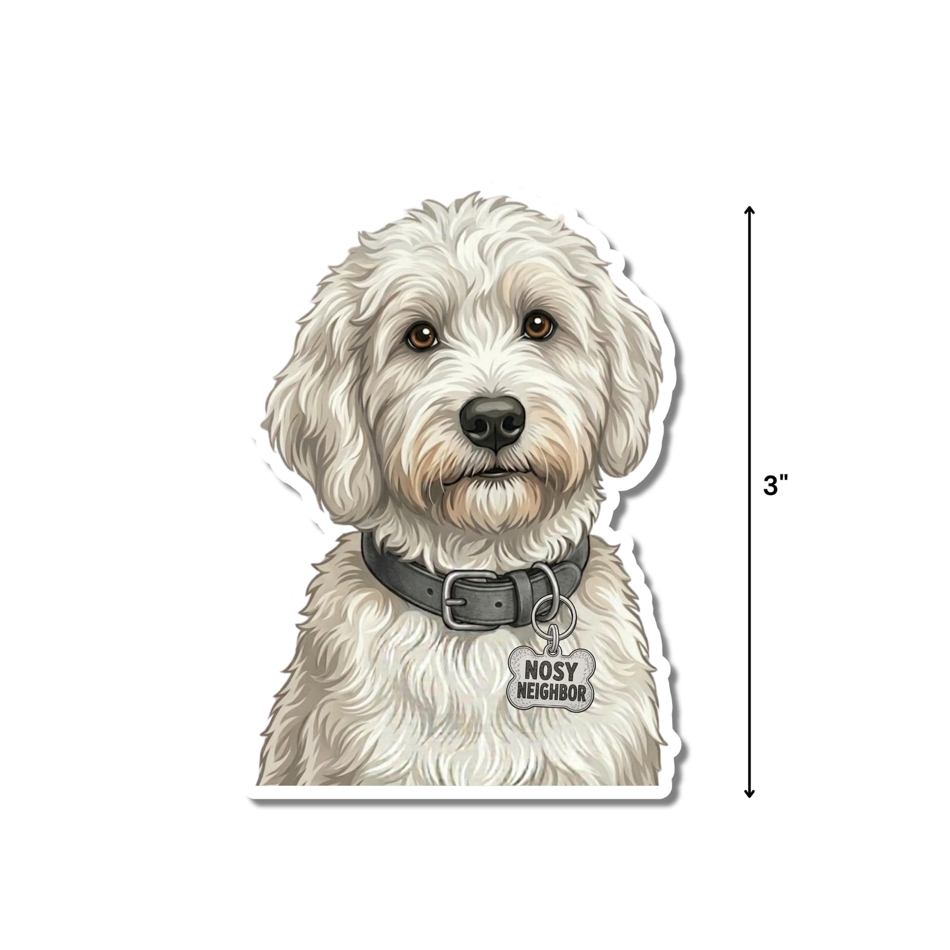 Funny white doodle dog sticker with 3-inch height measurement shown.