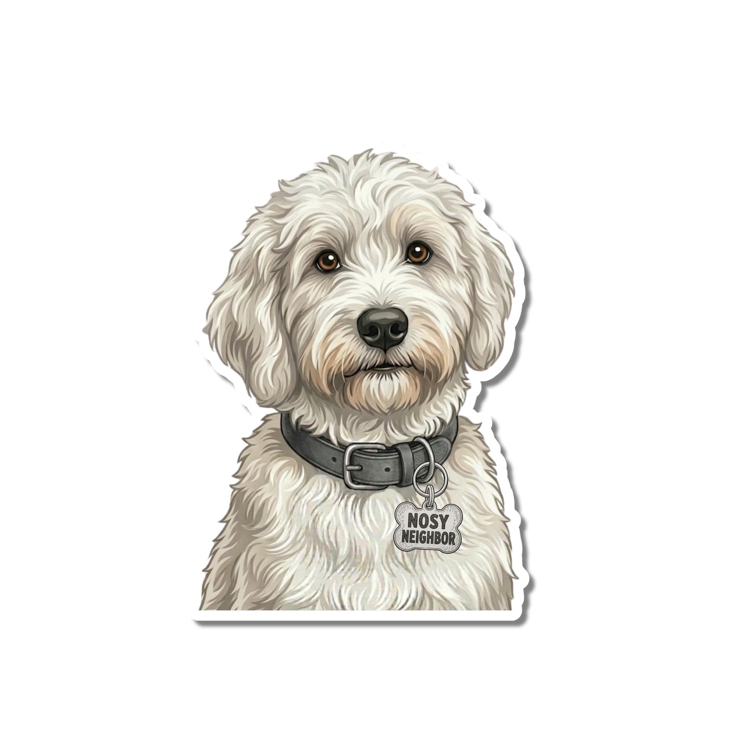 Funny white doodle dog sticker. Kiss-cut, dark brown eyes, shaggy cream coat, dark gray collar, bone-shaped "NOSY NEIGHBOR" charm, white contour border.