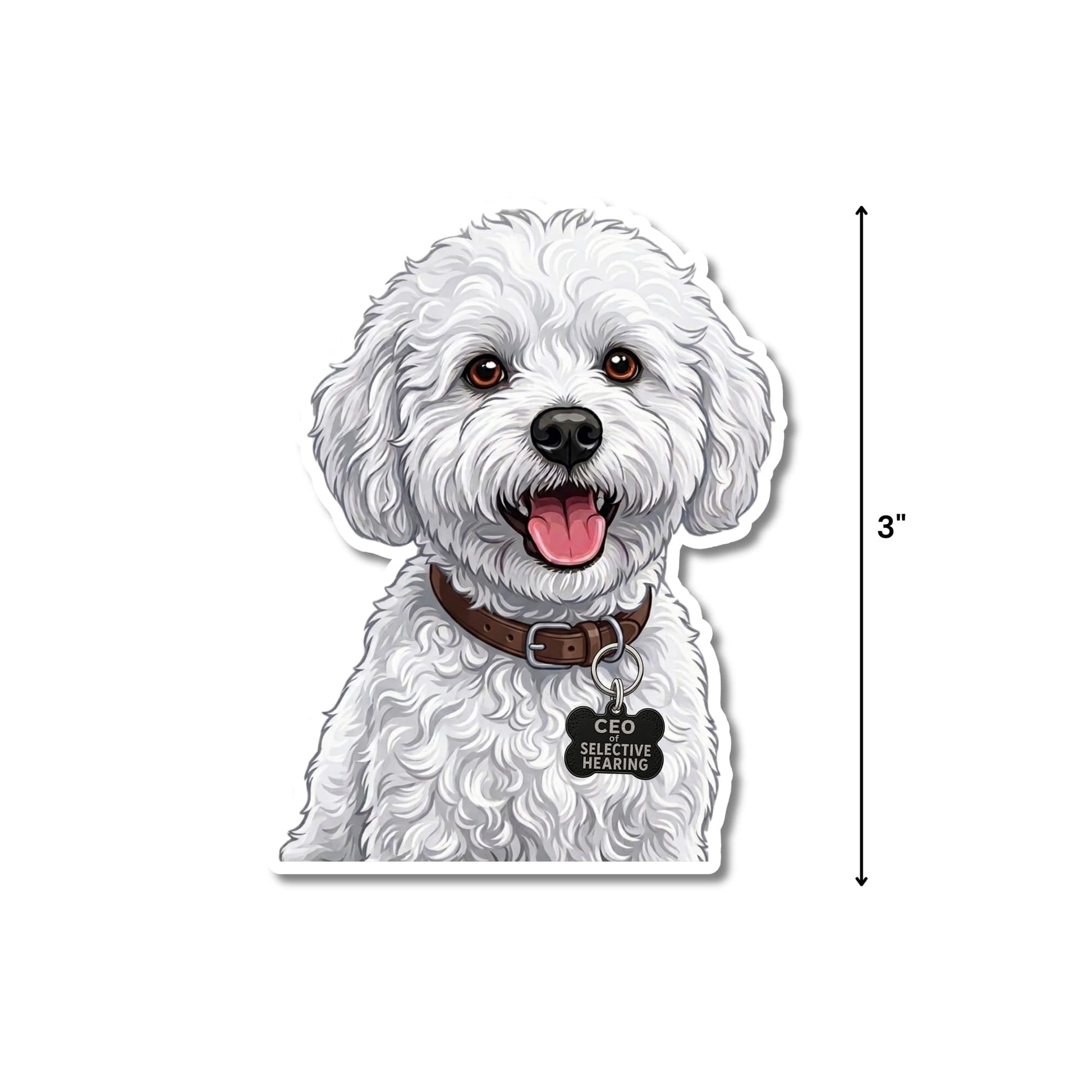 Funny white maltipoo dog sticker with 3-inch height measurement shown.