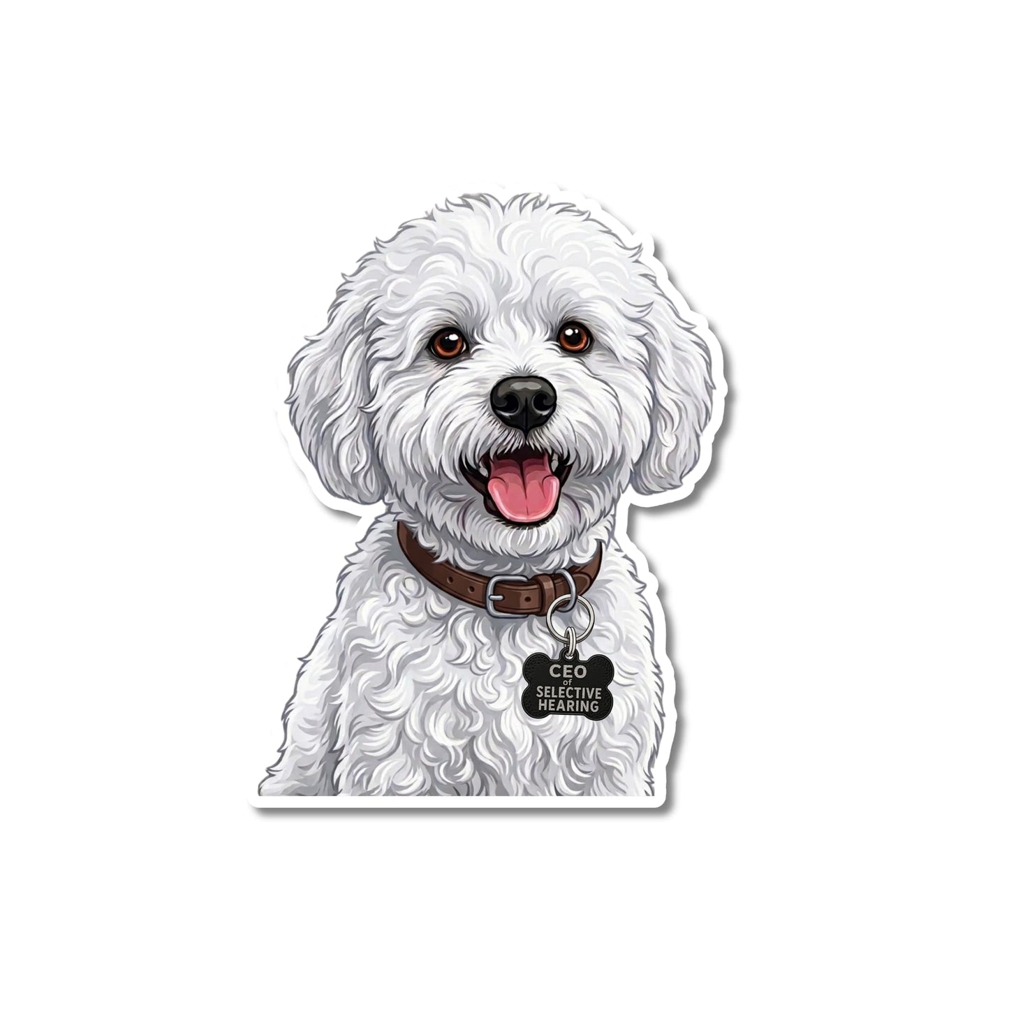Funny white maltipoo dog sticker. Kiss-cut, fluffy white curly coat, dark brown leather collar, bone-shaped black "CEO OF SELECTIVE HEARING" charm, white contour border.