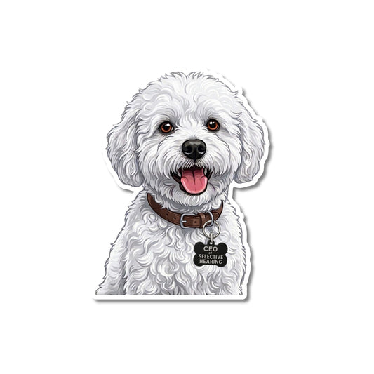 Funny white maltipoo dog sticker. Kiss-cut, fluffy white curly coat, dark brown leather collar, bone-shaped black "CEO OF SELECTIVE HEARING" charm, white contour border.